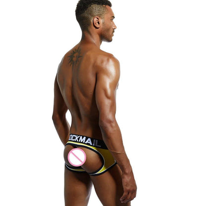 Daily wear|Gym sessions|Holiday parties|Pride events|Night gatherings|Breathable|Butt-lift design|Snug fit|Lightweight|Shaping|Waistline control|Slimming|Abdomen control|Comfort|Proper support|Stylish appearance|Festive mood|Body sculpting|Men's trunks|Low-rise underwear|Polyester pouch trunks|Sexy trunks|Open-back trunks|Yellow|Back view