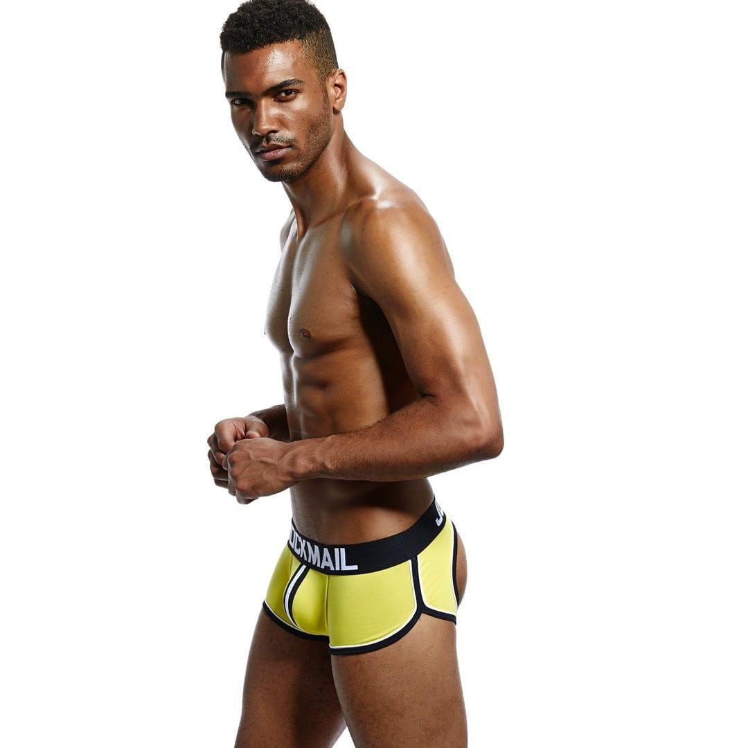 Daily wear|Gym sessions|Holiday parties|Pride events|Night gatherings|Breathable|Butt-lift design|Snug fit|Lightweight|Shaping|Waistline control|Slimming|Abdomen control|Comfort|Proper support|Stylish appearance|Festive mood|Body sculpting|Men's trunks|Low-rise underwear|Polyester pouch trunks|Sexy trunks|Open-back trunks|Yellow|Left Side view2