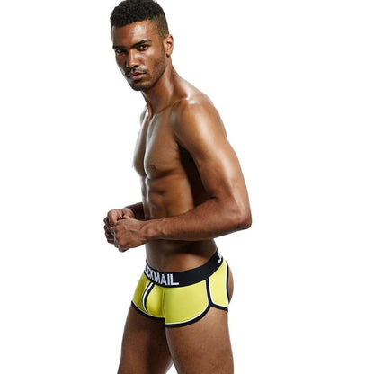 Daily wear|Gym sessions|Holiday parties|Pride events|Night gatherings|Breathable|Butt-lift design|Snug fit|Lightweight|Shaping|Waistline control|Slimming|Abdomen control|Comfort|Proper support|Stylish appearance|Festive mood|Body sculpting|Men's trunks|Low-rise underwear|Polyester pouch trunks|Sexy trunks|Open-back trunks|Yellow|Left Side view2