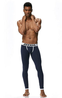 Front view of JOCKMAIL Polka Dot Bulge Pouch Long Johns with Comfort Fit feature in Navy Blue.