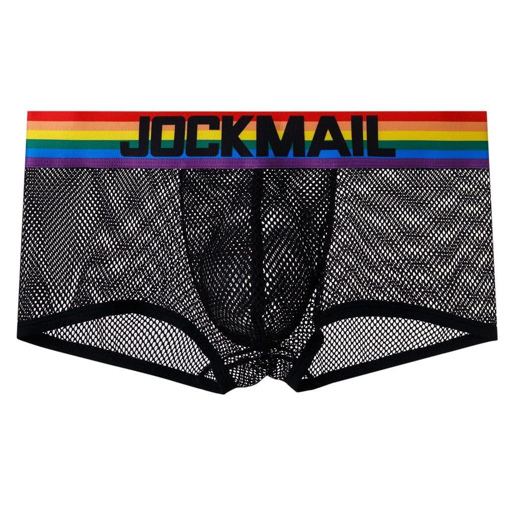 JOCKMAIL Pride Mesh Boxers men's breathable mesh underwear in black, front view