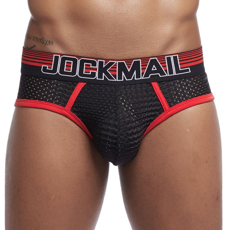 JOCKMAIL Ripple Mesh Bulge Briefs men's breathable design briefs in red, detail view
