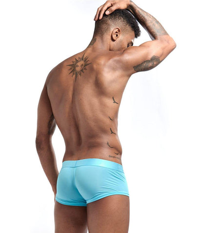Daily wear|Gym sessions|Holiday parties|Pride events|Night gatherings|Breathable|Butt-lift design|Snug fit|Lightweight|Shaping|Waistline control|Slimming|Abdomen control|Comfort|Proper support|Stylish appearance|Festive mood|Body sculpting|Men's trunks|Low-rise underwear|Polyester pouch trunks|Vibrant sheer trunks|Sexy trunks|Sky Blue|Back view