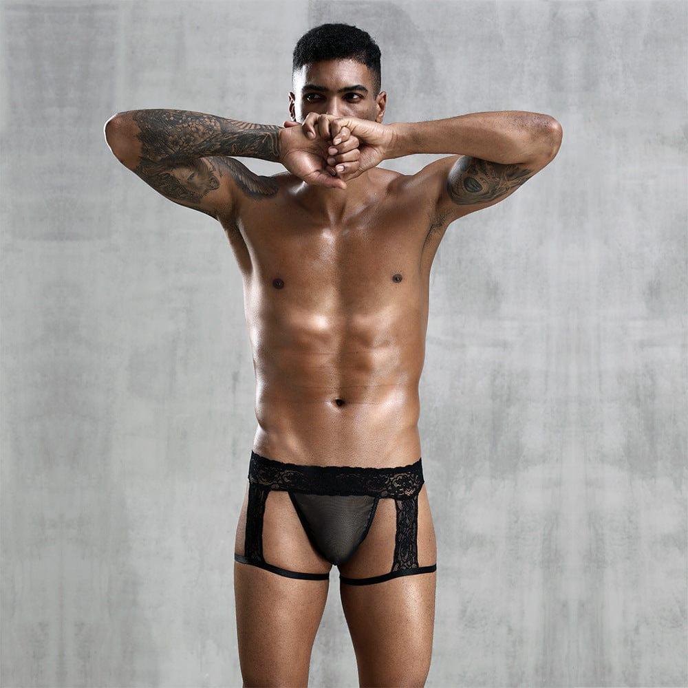 JSY Men's Lingerie Lace Suspenders Jockstrap men's comfort fit jockstrap in Black, front view