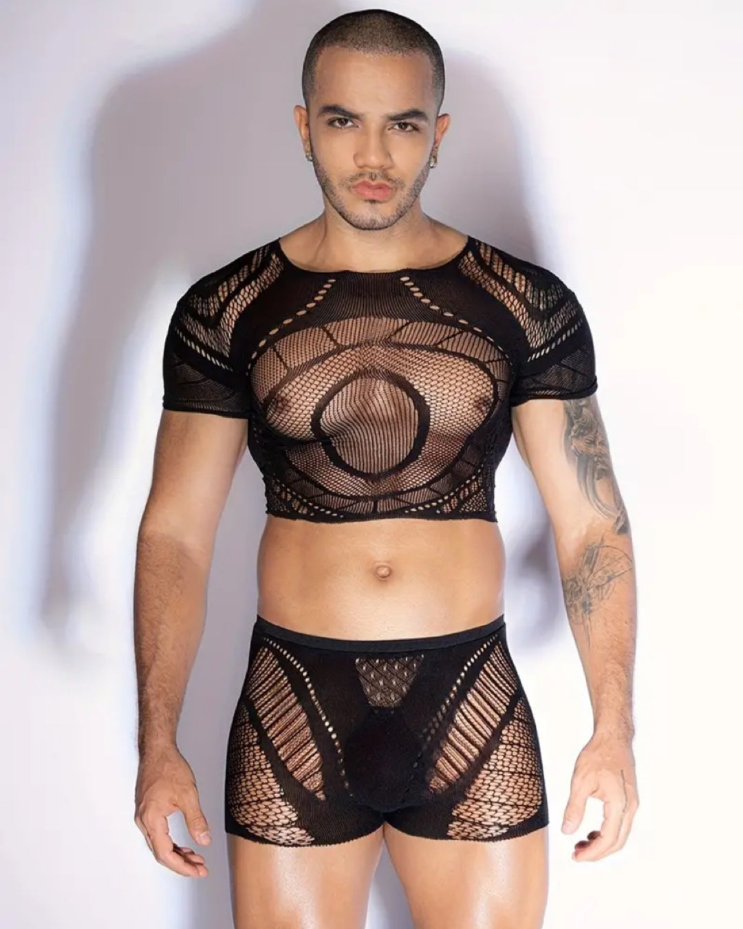 JSY Men's Lingerie Mesh Crop Top & Boxers Set with a comfort fit in Black, front view