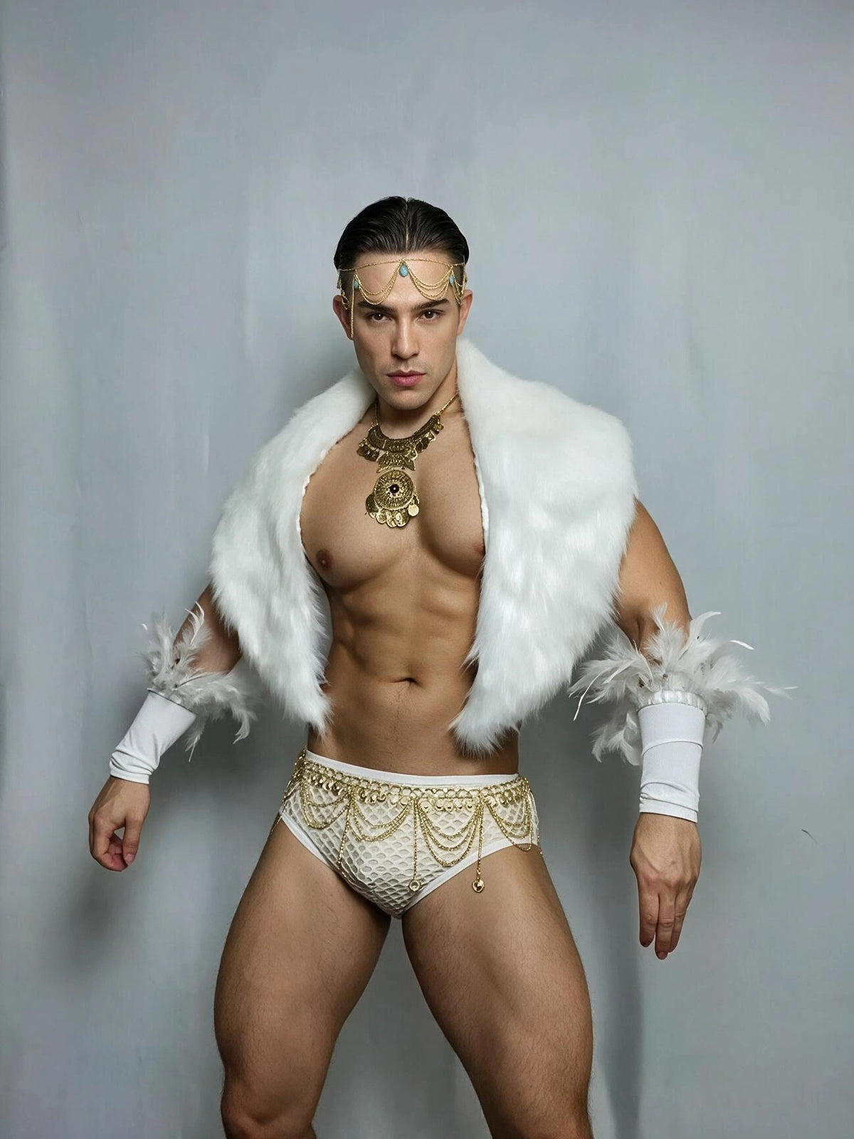 Front view of PRINCEJOCK Faux Fur Shawl With Briefs Sleeves & Accessories Male Gogo Costume with Contemporary theme in White.