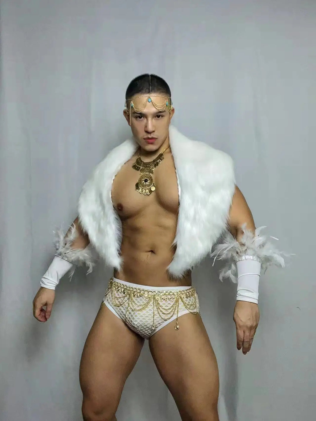 Front view of PRINCEJOCK Faux Fur Shawl With Briefs Sleeves & Accessories Male Gogo Costume with Contemporary theme in White.