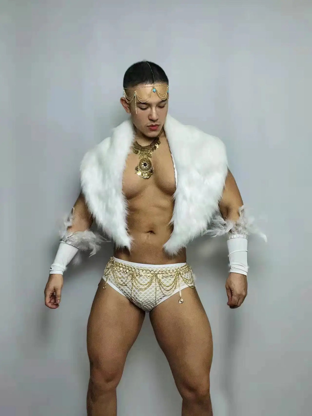 PRINCEJOCK Faux Fur Shawl With Briefs Sleeves & Accessories Male Gogo Costume men's gogo costume in white, front view