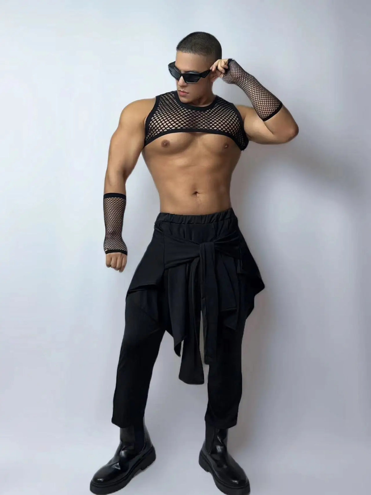 Front view of PRINCEJOCK Fishnet Top & Sleeves With Pants Male Gogo Costume with Contemporary theme in Black.