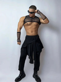 Front view of PRINCEJOCK Fishnet Top & Sleeves With Pants Male Gogo Costume with Contemporary theme in Black.