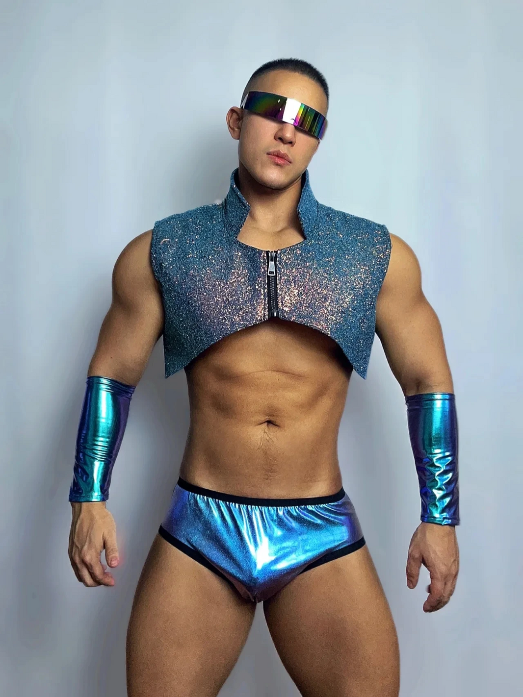 PRINCEJOCK Glitter Vest & Briefs With Sleeves Male Gogo Costume men's gogo costume in blue, front view