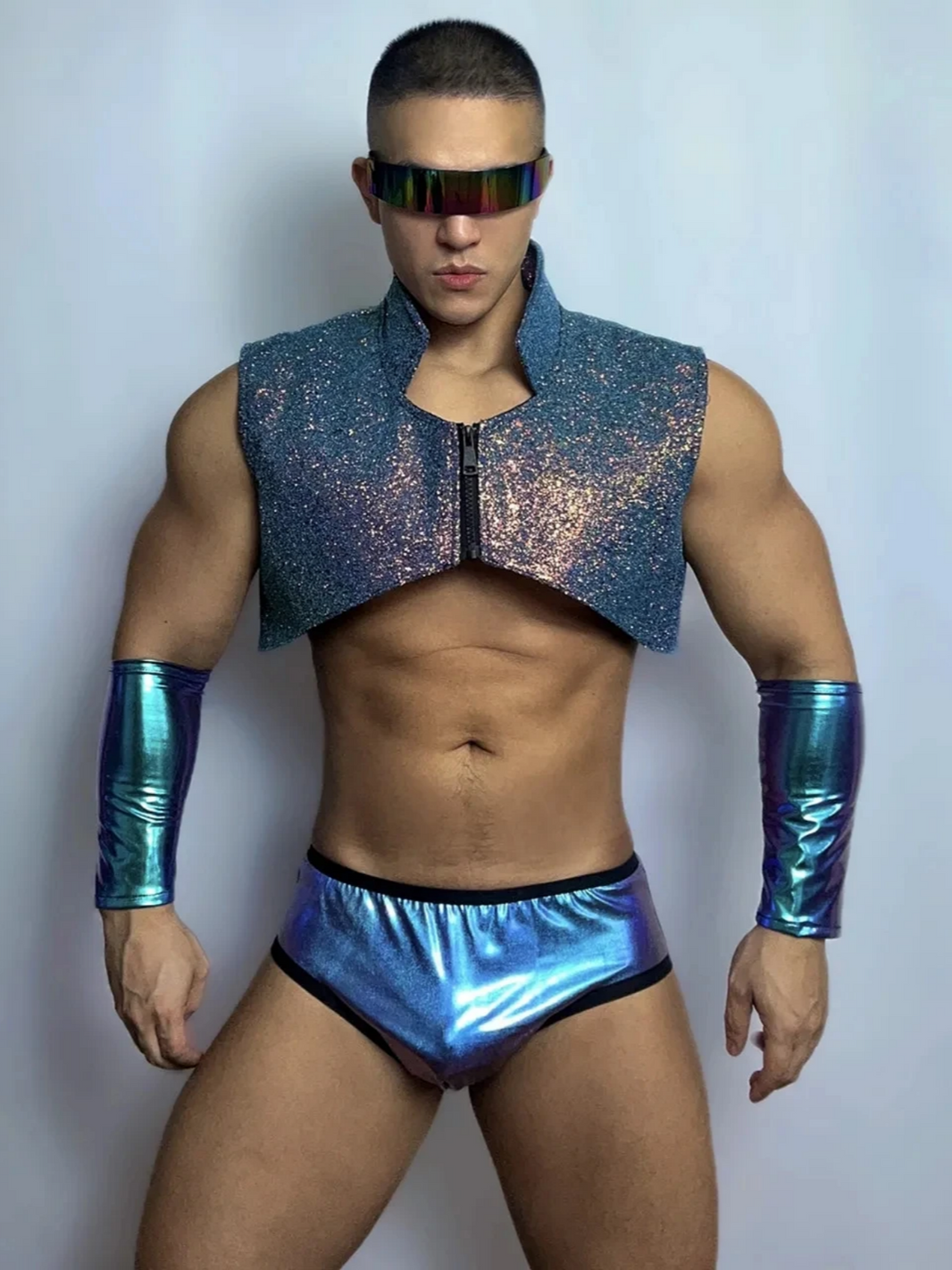 PRINCEJOCK Glitter Vest & Briefs With Sleeves Male Gogo Costume men's gogo costume in blue, front view