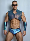 Front view of PRINCEJOCK Glitter Vest & Briefs With Sleeves Male Gogo Costume with Contemporary theme in Blue.
