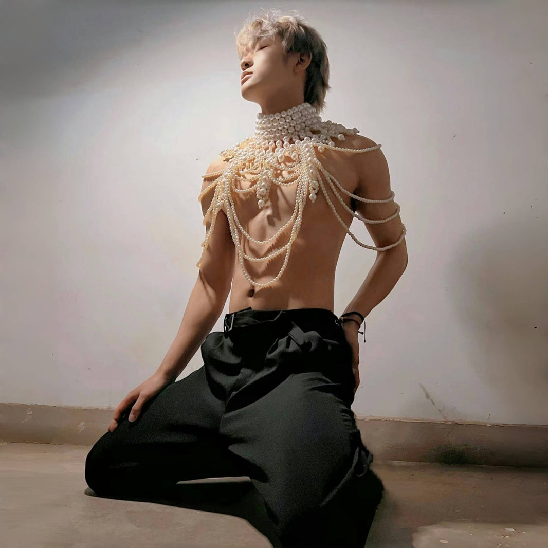 PRINCEJOCK Handmade Pearl Body Harness Male Gogo Costume in White, left side view