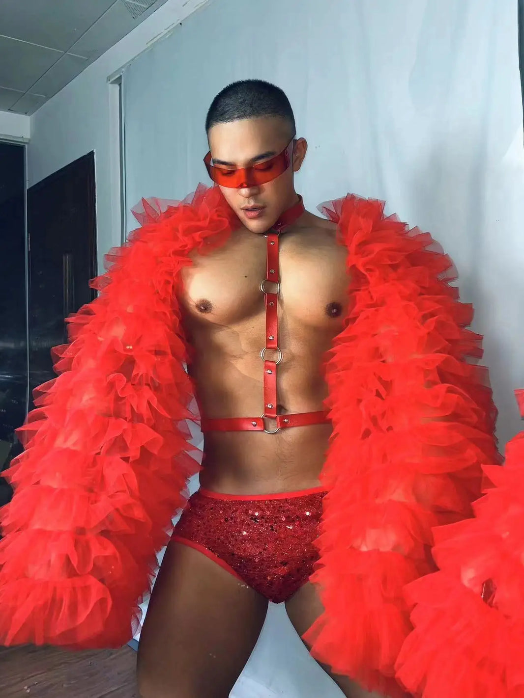 PRINCEJOCK Puff Sleeve Top With Briefs & Harness Male Gogo Costume men's gogo costume in red, front view