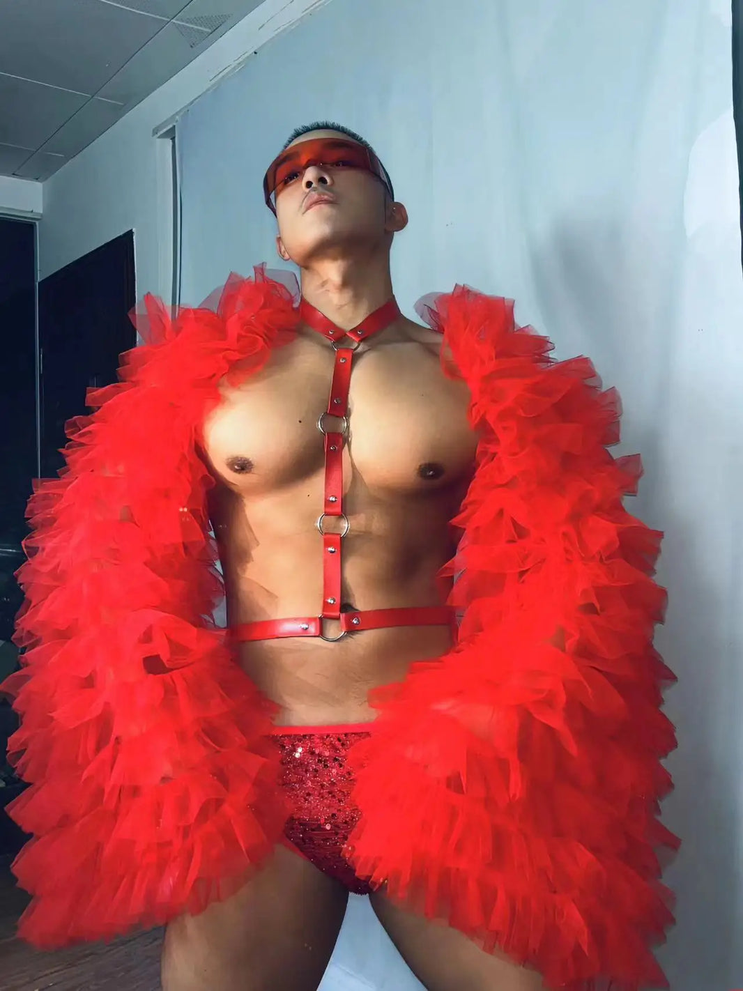 Front view of PRINCEJOCK Puff Sleeve Top With Briefs & Harness Male Gogo Costume with Contemporary theme in Red.