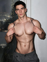 Front view of PRINCEJOCK Rhinestone Fishnet Tank Top Male Gogo Costume with Contemporary theme in Black.