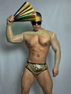Front view of PRINCEJOCK Rhinestone Mesh Crop Top & Briefs Male Gogo Costume with Contemporary theme in Gold.