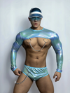 Front view of PRINCEJOCK Shiny Long Sleeve Crop Top & Briefs Male Gogo Costume with Contemporary theme in Blue.