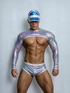 Front view of PRINCEJOCK Shiny Long Sleeve Crop Top & Briefs Male Gogo Costume with Contemporary theme in Purple.