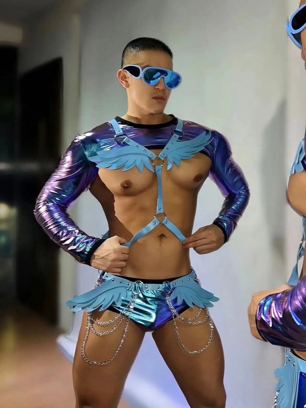 PRINCEJOCK Shiny Long Sleeve Crop Top With Briefs & Accessories Male Gogo Costume men's gogo costume in blue, front view