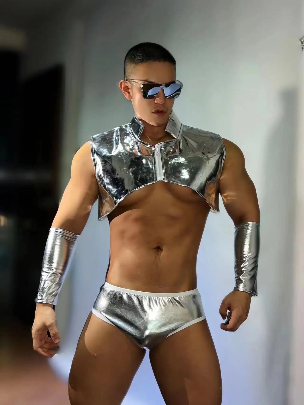 PRINCEJOCK Shiny Vest & Briefs With Sleeves Male Gogo Costume men's gogo costume in white, front view