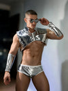 Front view of PRINCEJOCK Shiny Vest & Briefs With Sleeves Male Gogo Costume with Contemporary theme in White.