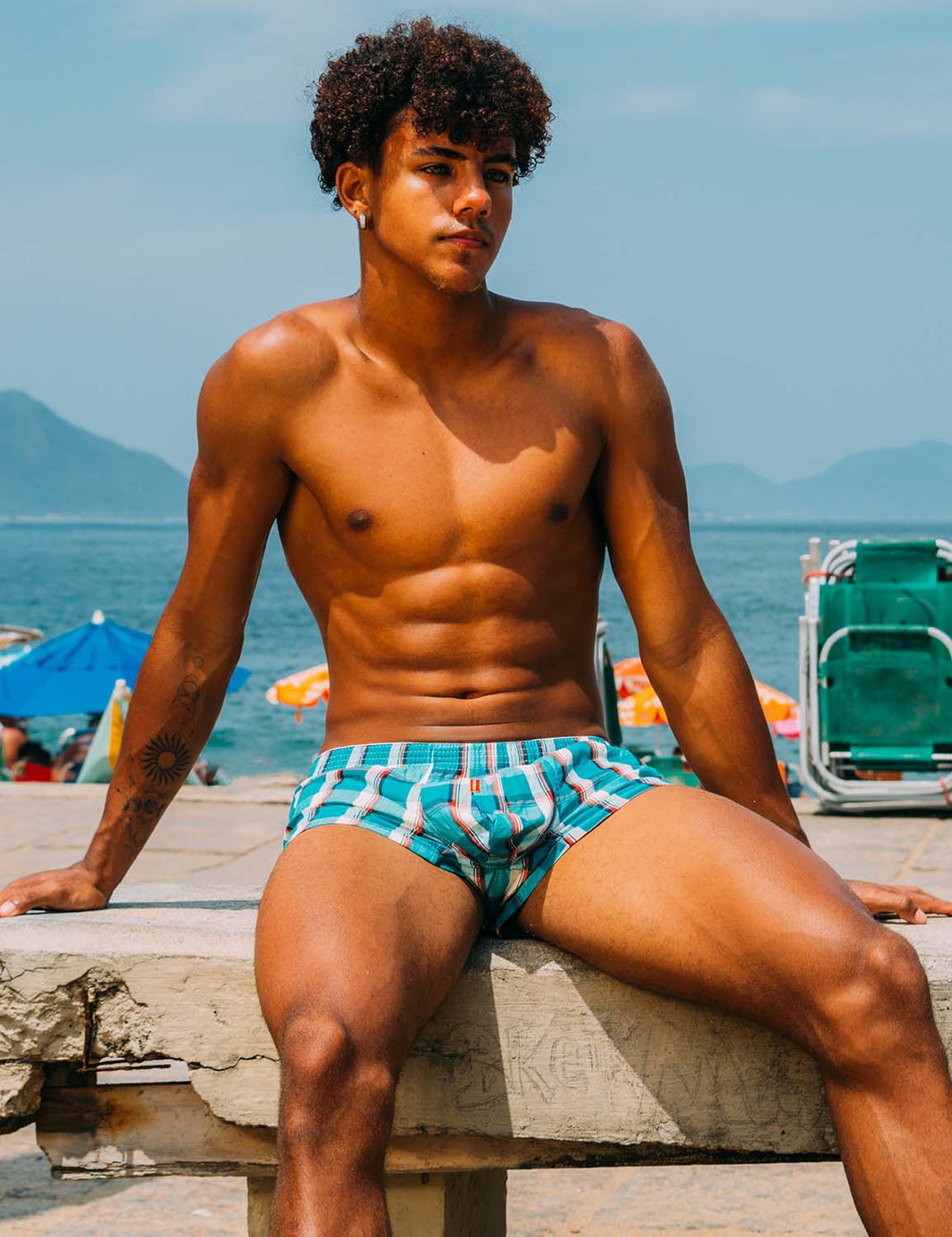 SEOBEAN Checkered Fit Bulge Pouch Boxers men's underwear in blue, front view