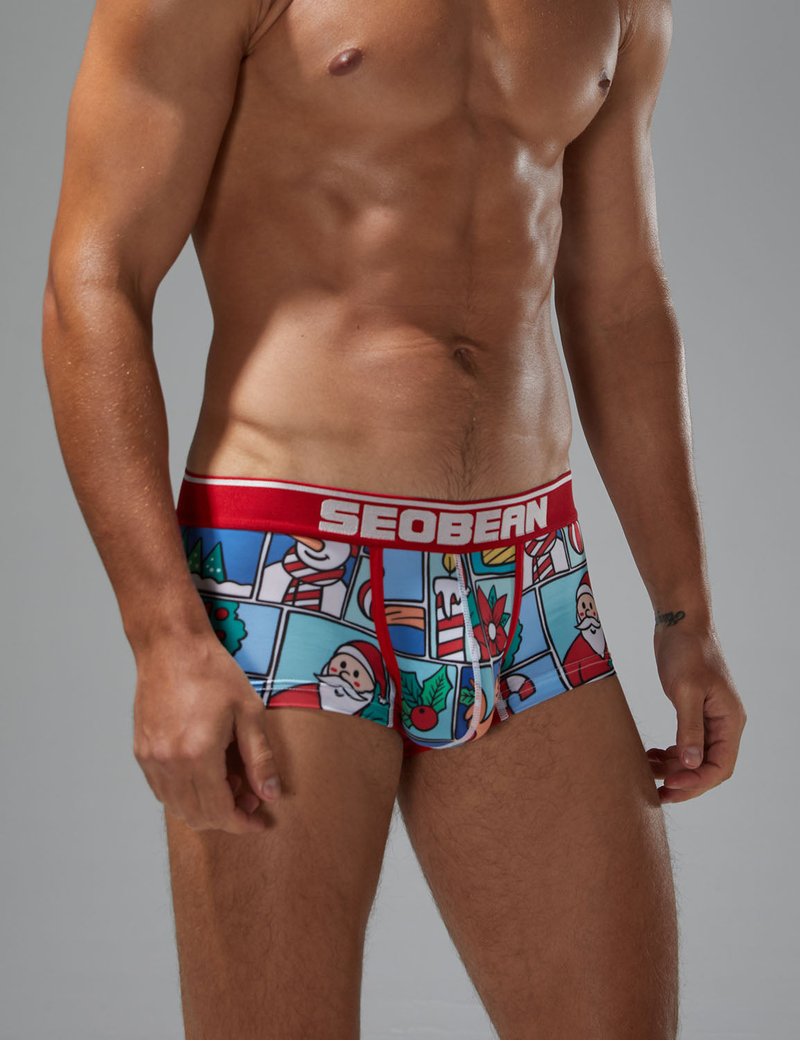 Holiday celebration|Christmas party|Winter lounging|Romantic gift|Breathable|Butt-lifting|Festive style|Body accentuation|Holiday mood|Lightweight comfort|Men's trunks|Low-rise underwear|Christmas underwear|SEOBEAN briefs|Cerulean Blue|Right Side view