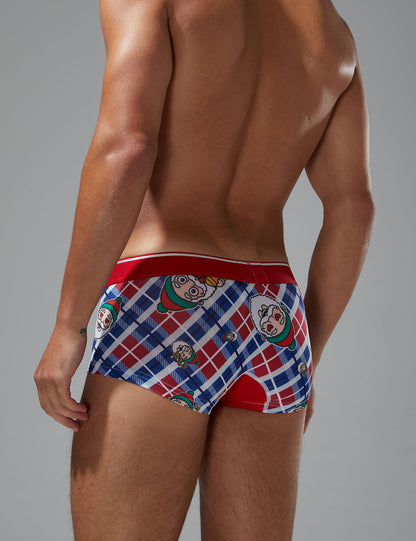 Holiday celebration|Christmas party|Winter lounging|Romantic gift|Breathable|Butt-lifting|Festive style|Body accentuation|Holiday mood|Lightweight comfort|Men's trunks|Low-rise underwear|Christmas underwear|SEOBEAN briefs|Colorful Blue|Back view