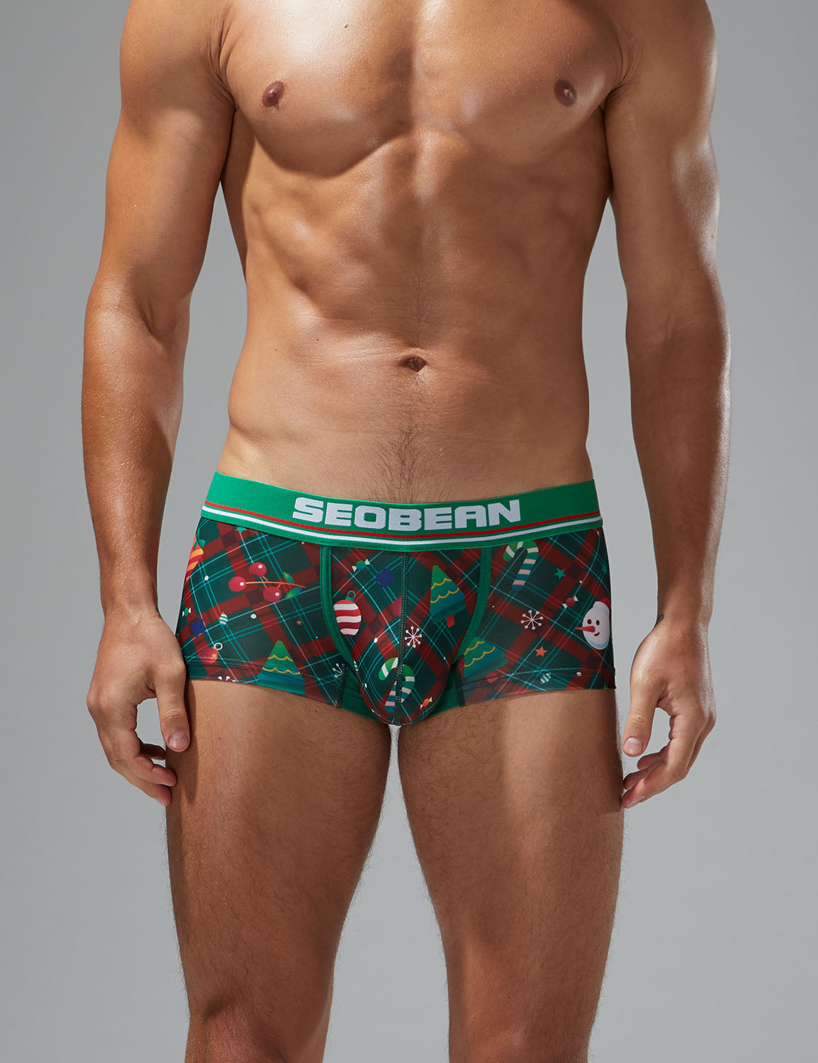 Holiday celebration|Christmas party|Winter lounging|Romantic gift|Breathable|Butt-lifting|Festive style|Body accentuation|Holiday mood|Lightweight comfort|Men's trunks|Low-rise underwear|Christmas underwear|SEOBEAN briefs|Green|Front view