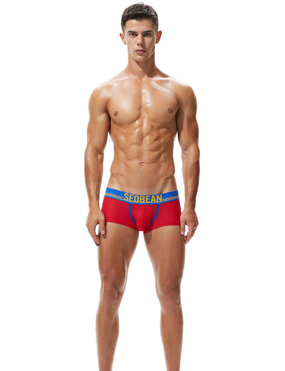 Daily wear|Summer lounging|Gym sessions|Pride events|Beachwear|Breathable|Lightweight|Mesh fabric|Coolness|Ventilation|Comfort|Minimal coverage|Men's trunks|Low-rise underwear|Mesh trunks|Sexy mesh underwear|Red|Front view