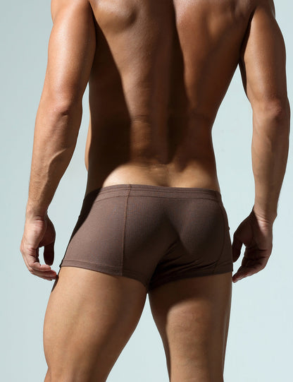 Daily wear|Home lounging|Casual outings|Romantic nights|Comfortable|Soft waistband|Non-restrictive|Relaxed fit|Gentle feel|Basic coverage|Soft support|Men's trunks|Low-rise underwear|Buttoned trunks|Casual underwear|Brown|Back view