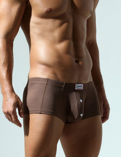 Daily wear|Home lounging|Casual outings|Romantic nights|Comfortable|Soft waistband|Non-restrictive|Relaxed fit|Gentle feel|Basic coverage|Soft support|Men's trunks|Low-rise underwear|Buttoned trunks|Casual underwear|Brown|Right Side view